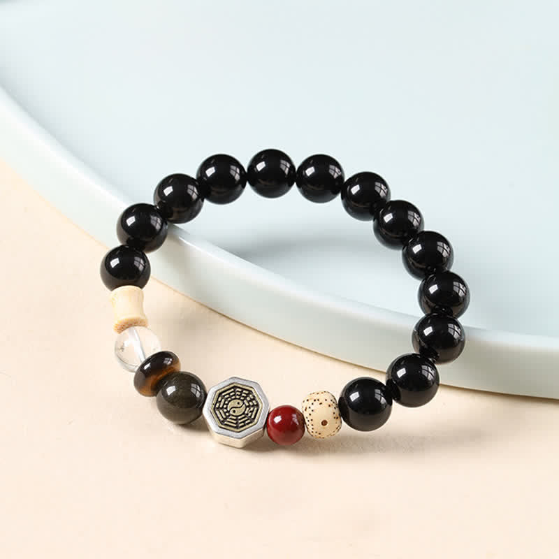 Buddha Stones Pulsera tibetana de cuentas redondas de protección Bagua de obsidiana negra - image 2