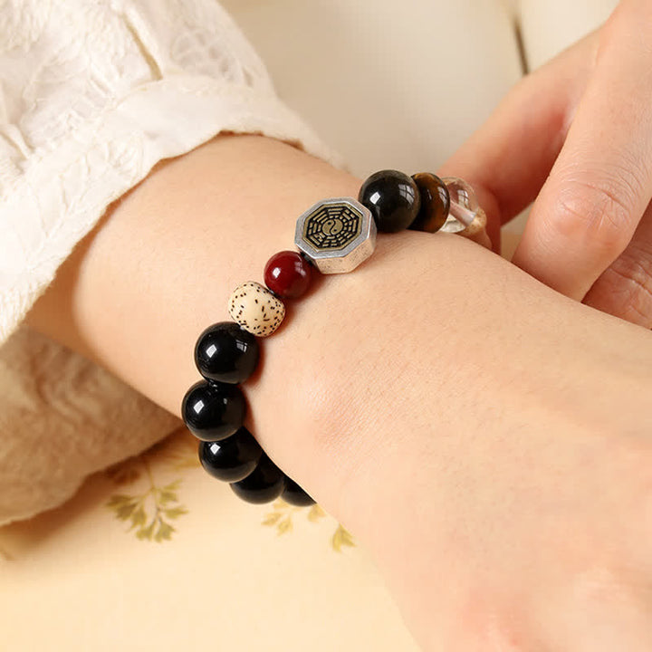Buddha Stones Pulsera tibetana de cuentas redondas de protección Bagua de obsidiana negra - image 10