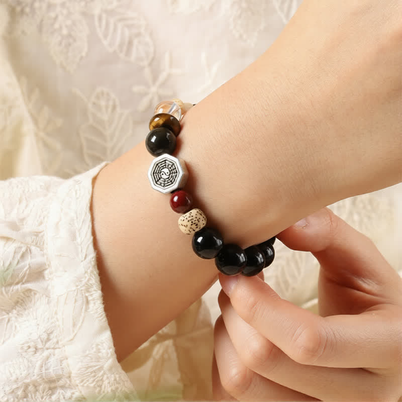 Buddha Stones Pulsera tibetana de cuentas redondas de protección Bagua de obsidiana negra - image 9