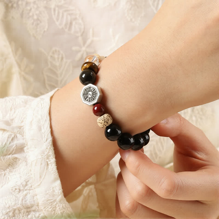 Buddha Stones Pulsera tibetana de cuentas redondas de protección Bagua de obsidiana negra - image 9