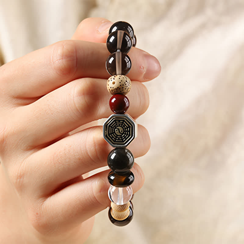 Buddha Stones Pulsera tibetana de cuentas redondas de protección Bagua de obsidiana negra - image 8