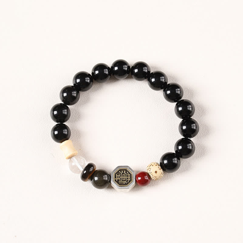 Buddha Stones Pulsera tibetana de cuentas redondas de protección Bagua de obsidiana negra - Obsidiana negra (Protección ♥ Conexión a tierra) - image 0