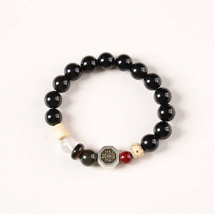 Buddha Stones Pulsera tibetana de cuentas redondas de protección Bagua de obsidiana negra - Obsidiana negra (Protección ♥ Conexión a tierra) - image 0