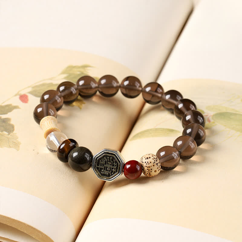 Buddha Stones Pulsera tibetana de cuentas redondas de protección Bagua de obsidiana negra - image 3
