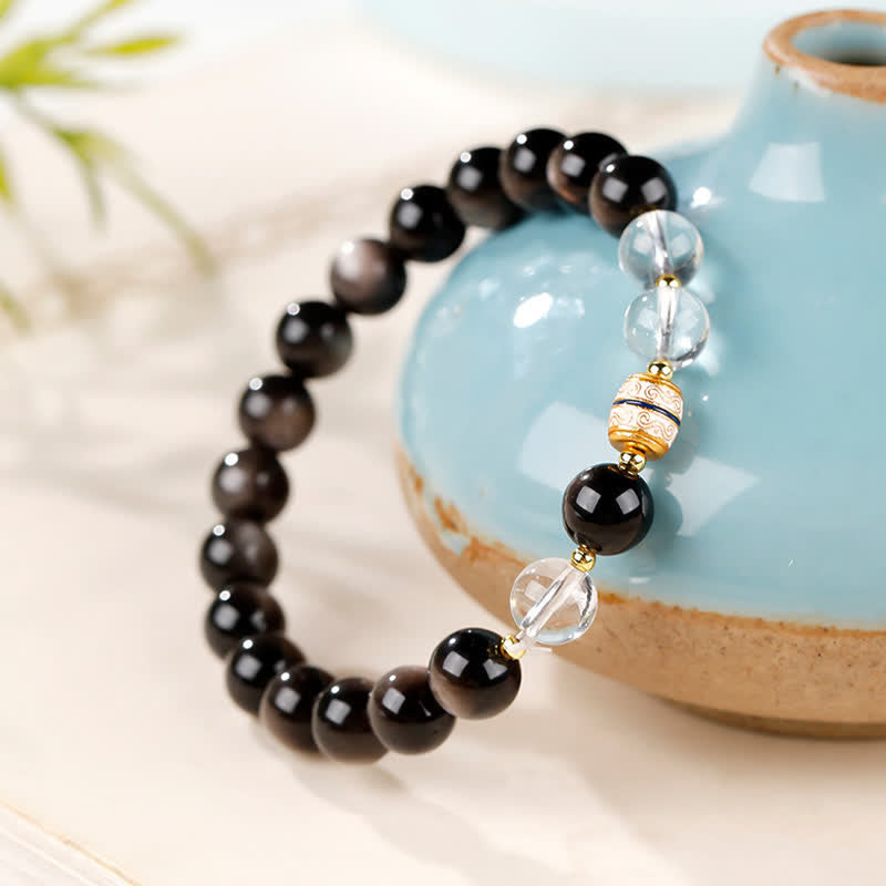 Buddha Stones Pulsera redonda protectora de cuentas Dzi de obsidiana con brillo plateado - image 1