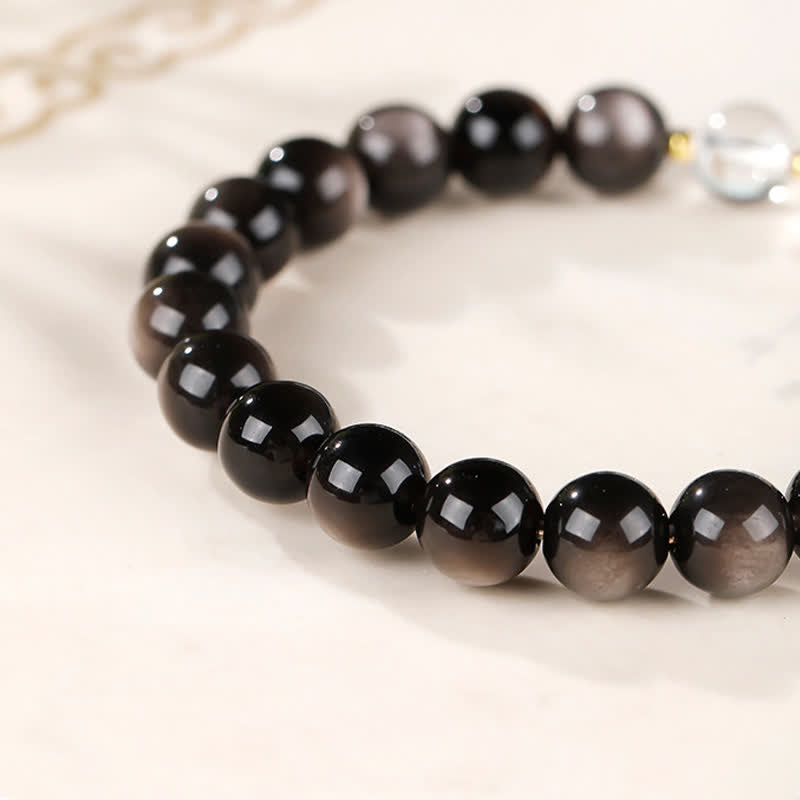 Buddha Stones Pulsera redonda protectora de cuentas Dzi de obsidiana con brillo plateado - image 10