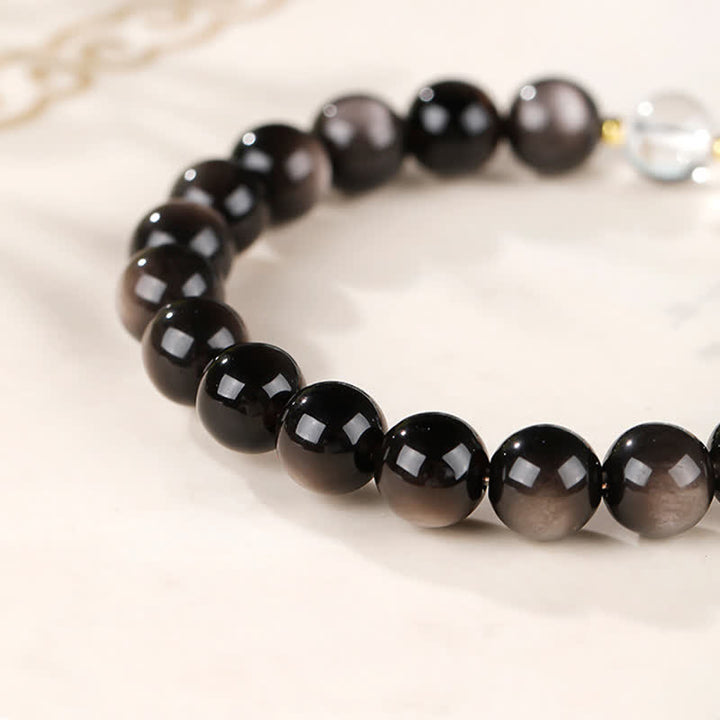 Buddha Stones Pulsera redonda protectora de cuentas Dzi de obsidiana con brillo plateado - image 10