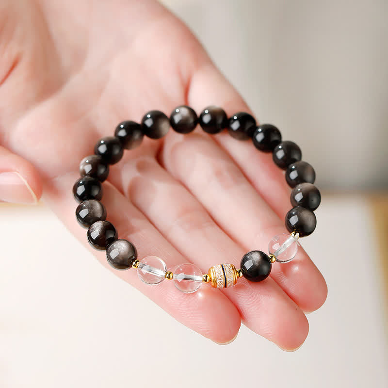 Buddha Stones Pulsera redonda protectora de cuentas Dzi de obsidiana con brillo plateado - image 7