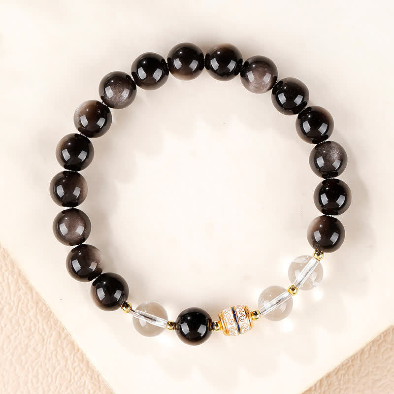 Buddha Stones Pulsera redonda protectora de cuentas Dzi de obsidiana con brillo plateado - image 2