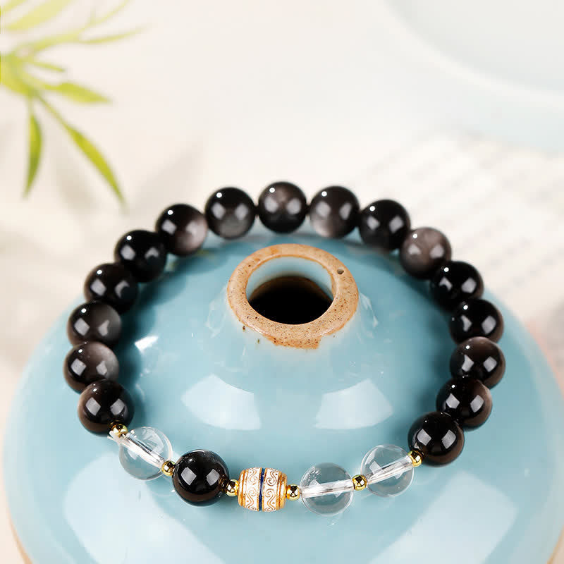 Buddha Stones Pulsera redonda protectora de cuentas Dzi de obsidiana con brillo plateado - Obsidiana con brillo plateado (Protección♥Calmante) - 8 mm (circunferencia de la muñeca: 16-17 cm) - image 0