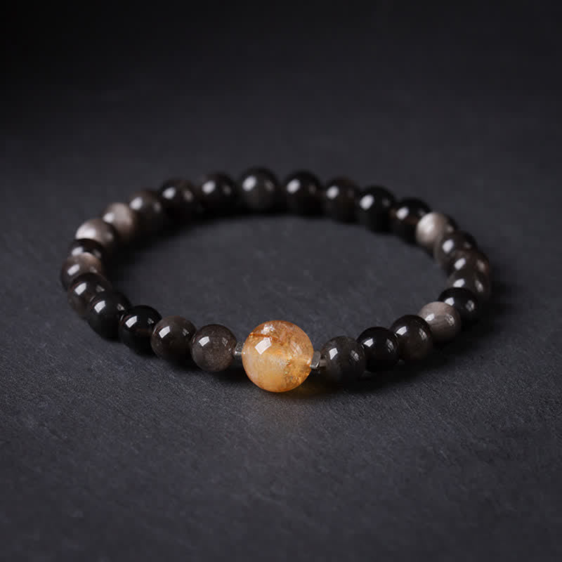 Buddha Stones Pulsera redonda china nueva tejida a mano con obsidiana negra para conexión a tierra - Cuenta superior de citrino - Obsidiana negra (Purificación♥Fuerza) - image 0