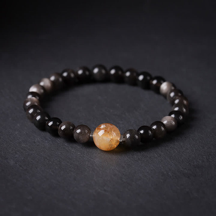 Buddha Stones Pulsera redonda china nueva tejida a mano con obsidiana negra para conexión a tierra - Cuenta superior de citrino - Obsidiana negra (Purificación♥Fuerza) - image 0