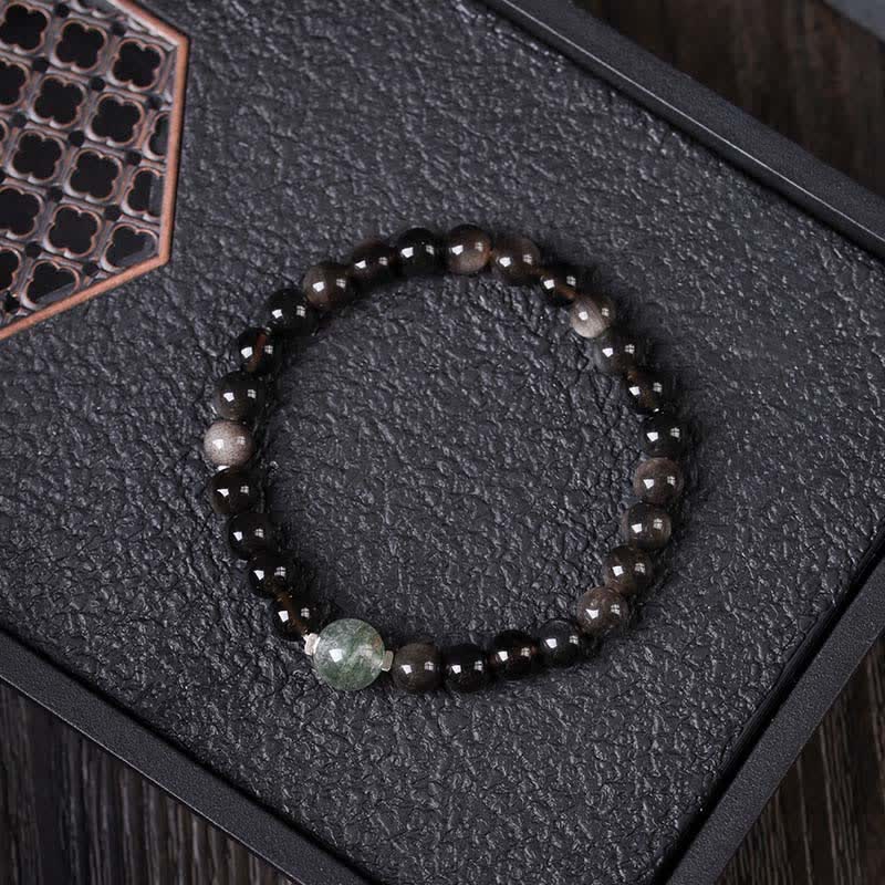 Buddha Stones Pulsera redonda china nueva tejida a mano con obsidiana negra para conexión a tierra - Cuenta superior Fantasma Verde - Obsidiana negra (Purificación♥Fuerza) - image 1
