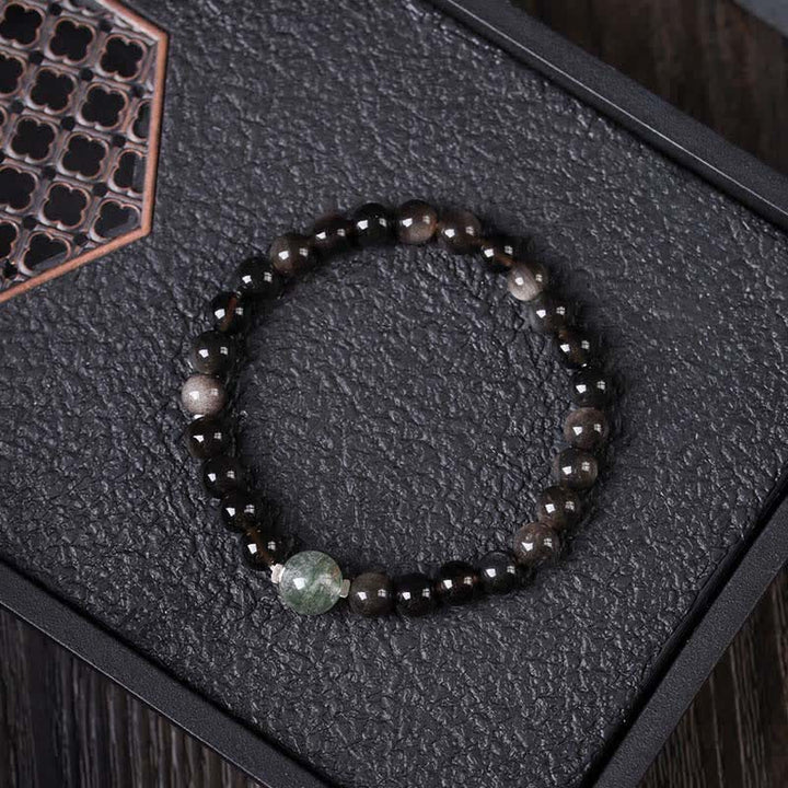 Buddha Stones Pulsera redonda china nueva tejida a mano con obsidiana negra para conexión a tierra - Cuenta superior Fantasma Verde - Obsidiana negra (Purificación♥Fuerza) - image 1