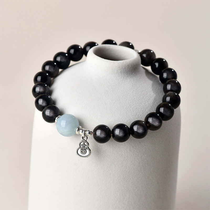 Buddha Stones Pulsera redonda de calabaza de la suerte con brillo plateado, obsidiana y aguamarina. - image 3