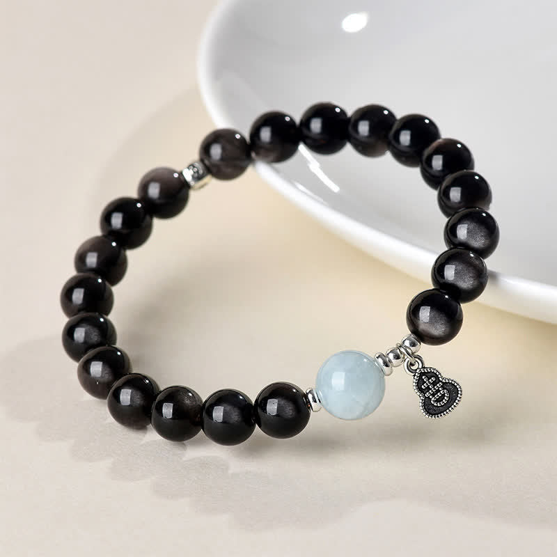Buddha Stones Pulsera redonda de calabaza de la suerte con brillo plateado, obsidiana y aguamarina. - image 2