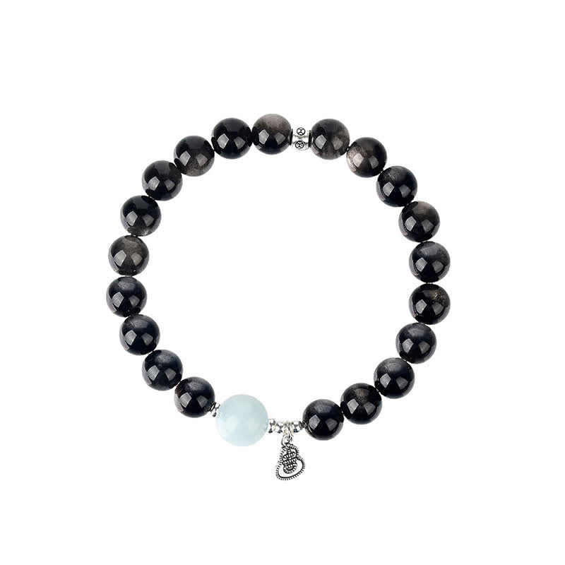 Buddha Stones Pulsera redonda de calabaza de la suerte con brillo plateado, obsidiana y aguamarina. - image 9