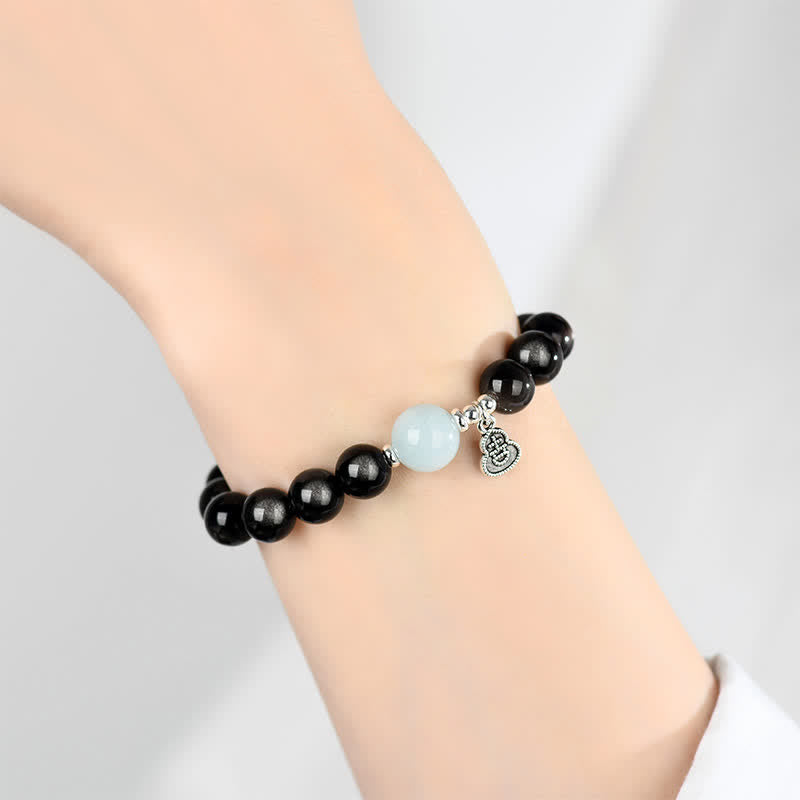 Buddha Stones Pulsera redonda de calabaza de la suerte con brillo plateado, obsidiana y aguamarina. - image 8