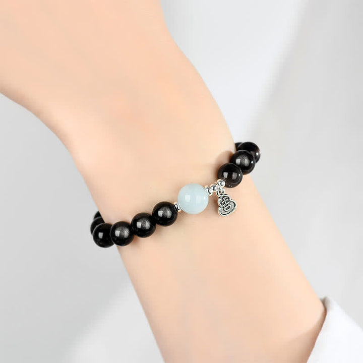 Buddha Stones Pulsera redonda de calabaza de la suerte con brillo plateado, obsidiana y aguamarina. - image 8