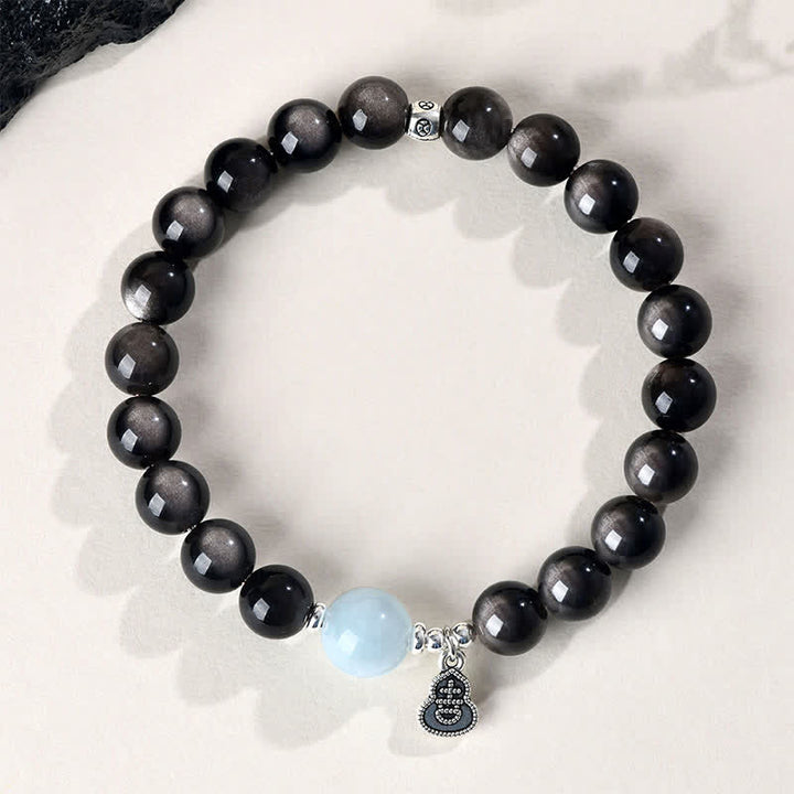 Buddha Stones Pulsera redonda de calabaza de la suerte con brillo plateado, obsidiana y aguamarina. - image 1