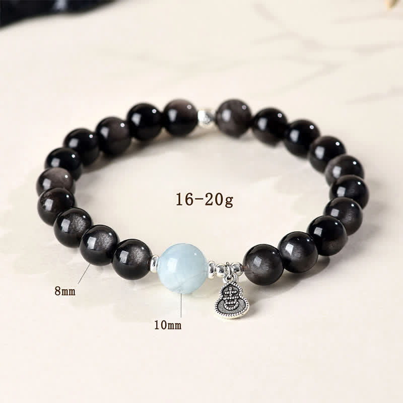 Buddha Stones Pulsera redonda de calabaza de la suerte con brillo plateado, obsidiana y aguamarina. - image 4