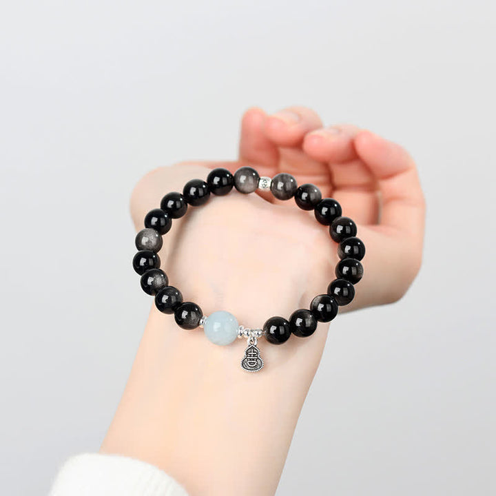 Buddha Stones Pulsera redonda de calabaza de la suerte con brillo plateado, obsidiana y aguamarina. - image 7