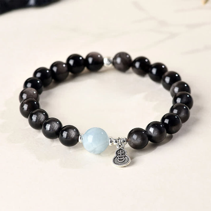 Buddha Stones Pulsera redonda de calabaza de la suerte con brillo plateado, obsidiana y aguamarina. - Obsidiana con brillo plateado (Protección♥Calmante) - image 0