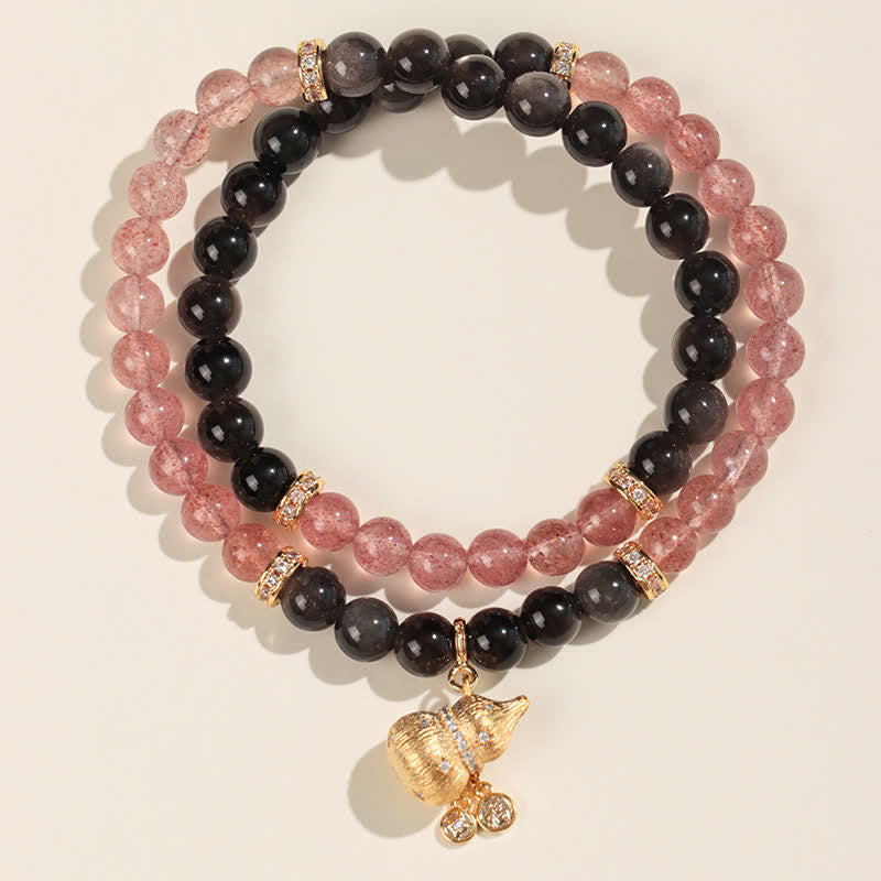 Buddha Stones Pulsera envolvente de calabaza con alambre de oro y cuarzo fresa, símbolo de bendición del amor - Pulsera de doble vuelta - Cuarzo fresa (Amor ♥ Sanación) - image 1