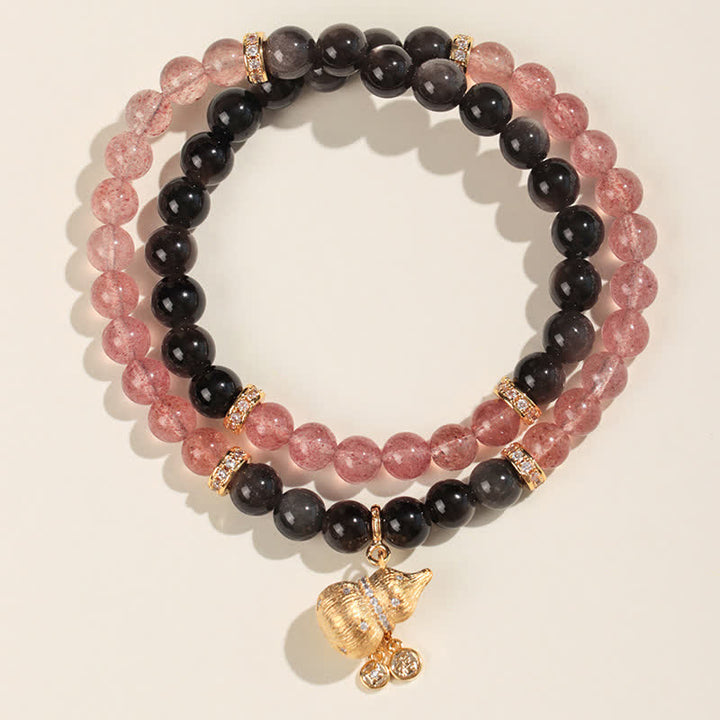 Buddha Stones Pulsera envolvente de calabaza con alambre de oro y cuarzo fresa, símbolo de bendición del amor - Pulsera de doble vuelta - Cuarzo fresa (Amor ♥ Sanación) - image 1