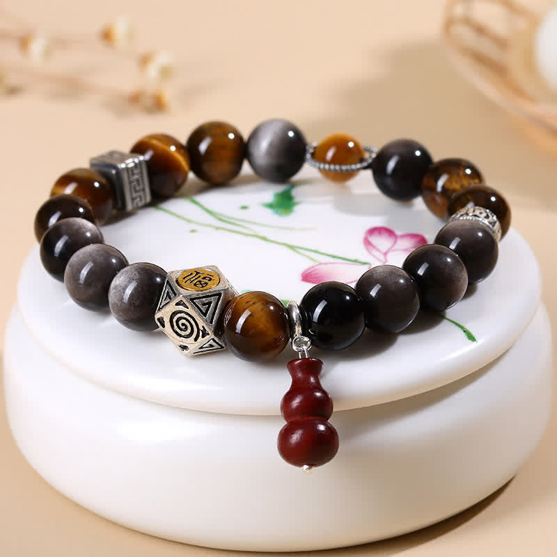 Buddha Stones Pulsera de calabaza con diseño de obsidiana plateada brillante y conexión a tierra Fu Character - image 3