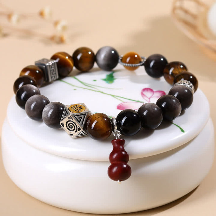 Buddha Stones Pulsera de calabaza con diseño de obsidiana plateada brillante y conexión a tierra Fu Character - image 3