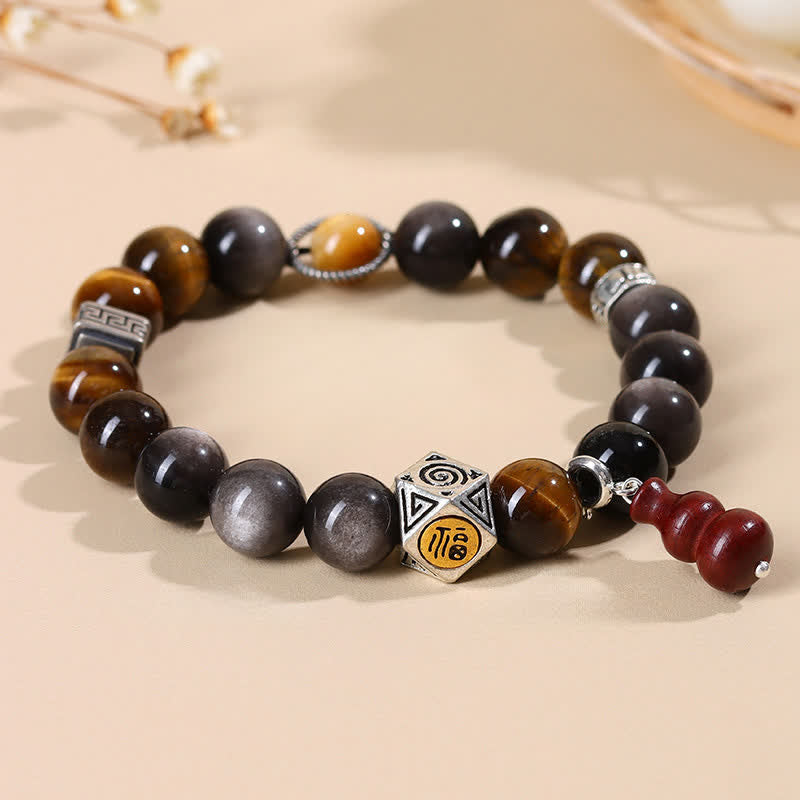 Buddha Stones Pulsera de calabaza con diseño de obsidiana plateada brillante y conexión a tierra Fu Character - image 1