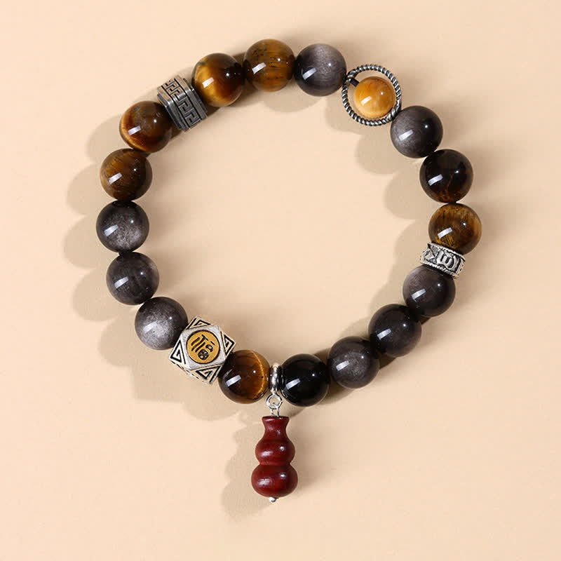 Buddha Stones Pulsera de calabaza con diseño de obsidiana plateada brillante y conexión a tierra Fu Character - Personaje Fu (Suerte ♥ Bendición) - Obsidiana con brillo plateado (Protección♥Calmante) - image 0