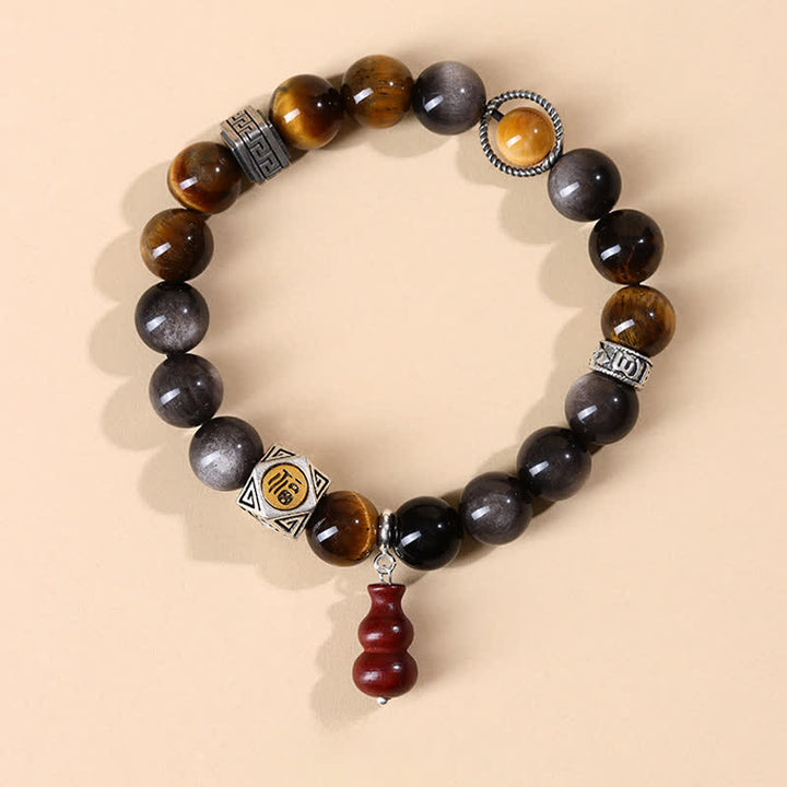 Buddha Stones Pulsera de calabaza con diseño de obsidiana plateada brillante y conexión a tierra Fu Character - Personaje Fu (Suerte ♥ Bendición) - Obsidiana con brillo plateado (Protección♥Calmante) - image 0