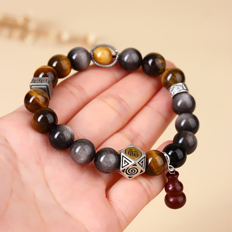 Buddha Stones Pulsera de calabaza con diseño de obsidiana plateada brillante y conexión a tierra Fu Character - image 7