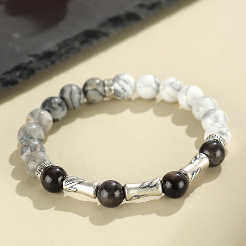 Buddha Stones Pulsera redonda de bambú con turquesa blanca y brillo plateado, de plata de ley 999 y obsidiana. - image 2