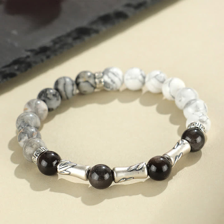 Buddha Stones Pulsera redonda de bambú con turquesa blanca y brillo plateado, de plata de ley 999 y obsidiana. - image 2