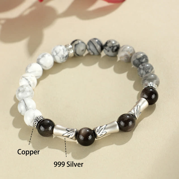 Buddha Stones Pulsera redonda de bambú con turquesa blanca y brillo plateado, de plata de ley 999 y obsidiana. - image 4