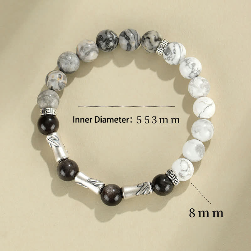 Buddha Stones Pulsera redonda de bambú con turquesa blanca y brillo plateado, de plata de ley 999 y obsidiana. - image 8