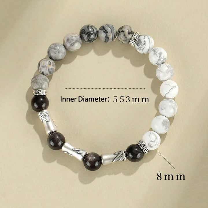Buddha Stones Pulsera redonda de bambú con turquesa blanca y brillo plateado, de plata de ley 999 y obsidiana. - image 8