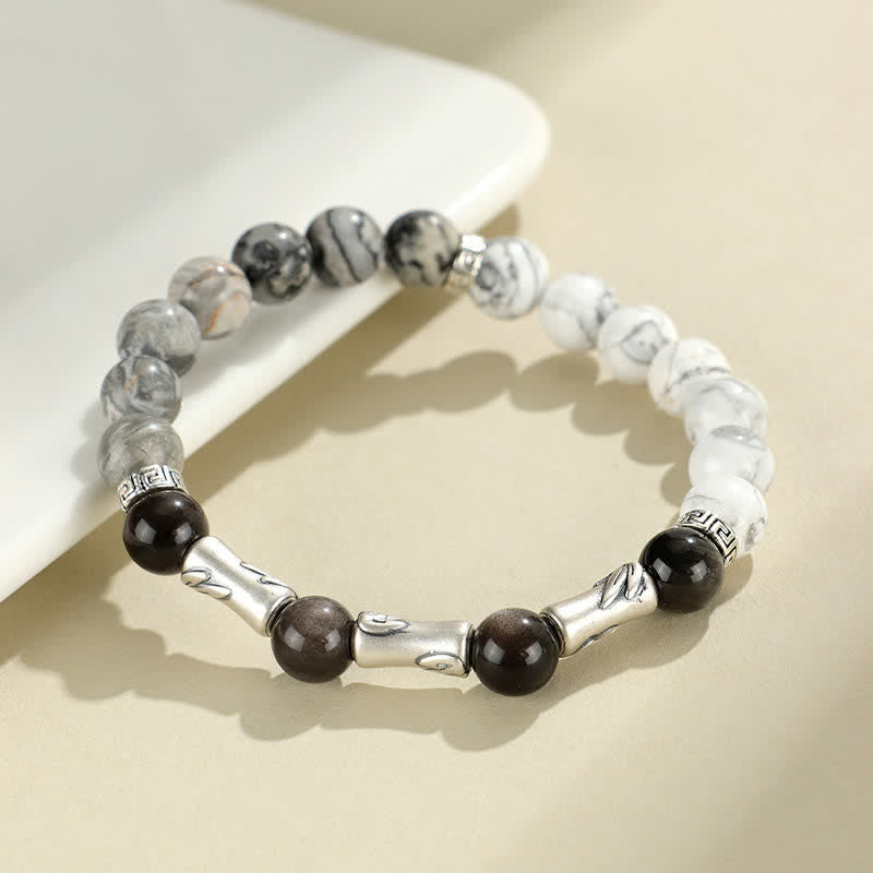 Buddha Stones Pulsera redonda de bambú con turquesa blanca y brillo plateado, de plata de ley 999 y obsidiana. - Turquesa blanca (Calma ♥ Riqueza Relajación) - image 0