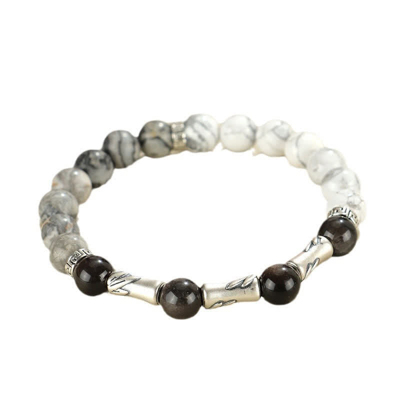 Buddha Stones Pulsera redonda de bambú con turquesa blanca y brillo plateado, de plata de ley 999 y obsidiana. - image 11