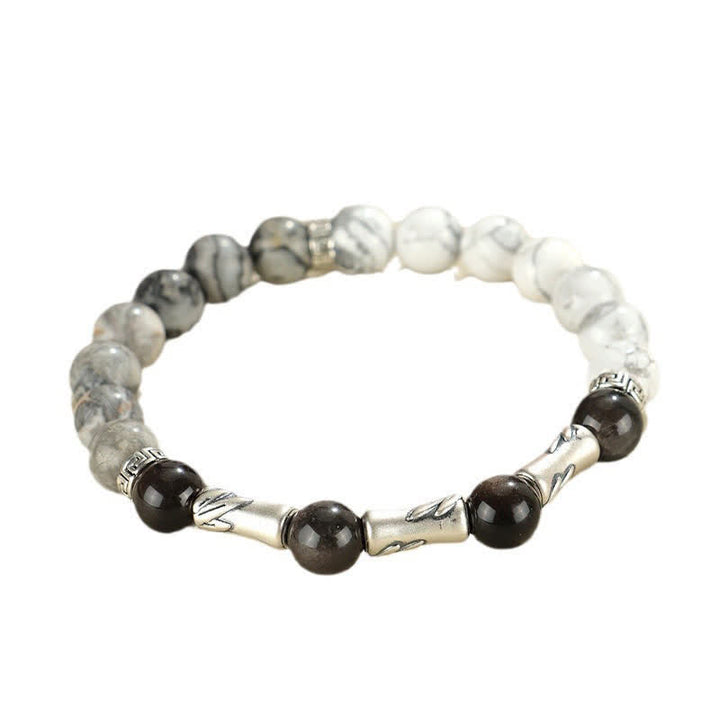 Buddha Stones Pulsera redonda de bambú con turquesa blanca y brillo plateado, de plata de ley 999 y obsidiana. - image 11