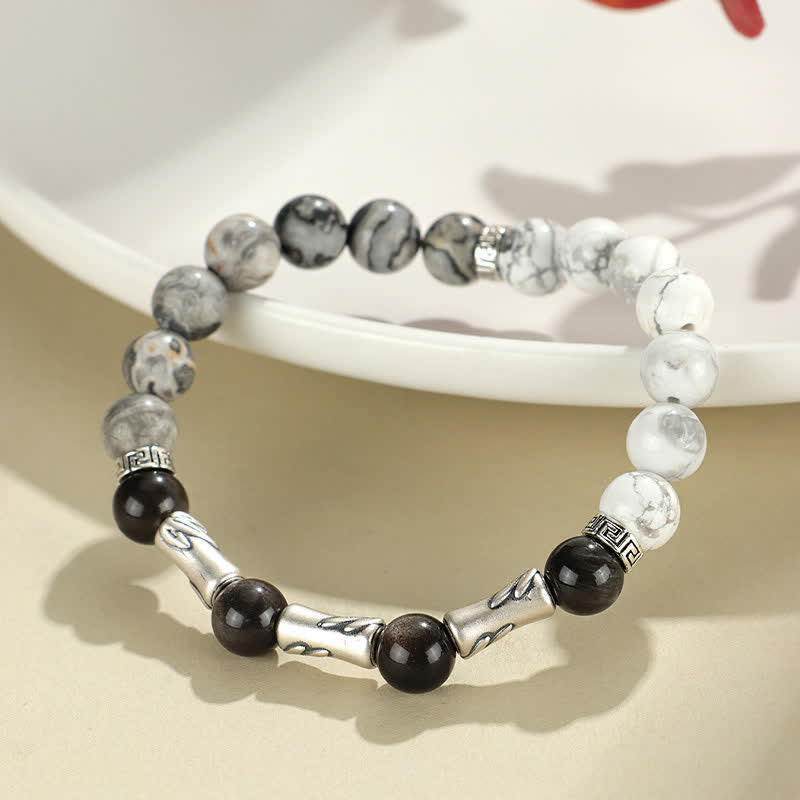 Buddha Stones Pulsera redonda de bambú con turquesa blanca y brillo plateado, de plata de ley 999 y obsidiana. - image 1