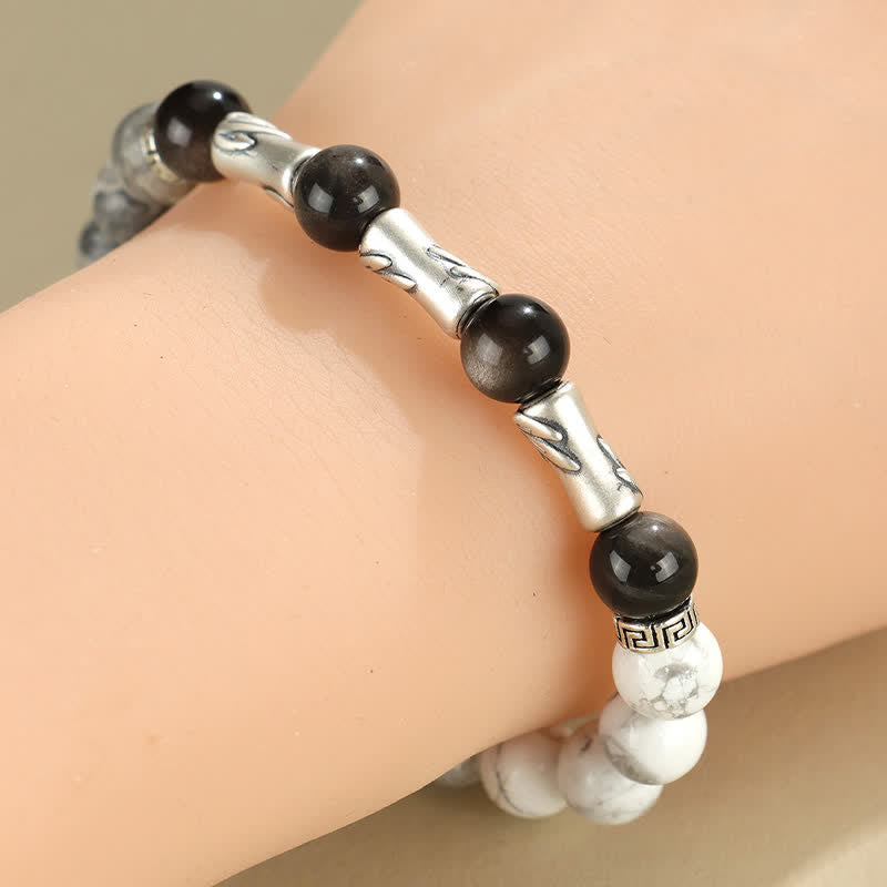 Buddha Stones Pulsera redonda de bambú con turquesa blanca y brillo plateado, de plata de ley 999 y obsidiana. - image 10