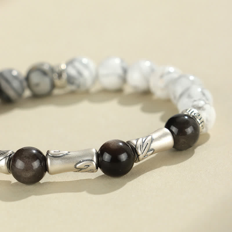 Buddha Stones Pulsera redonda de bambú con turquesa blanca y brillo plateado, de plata de ley 999 y obsidiana. - image 9