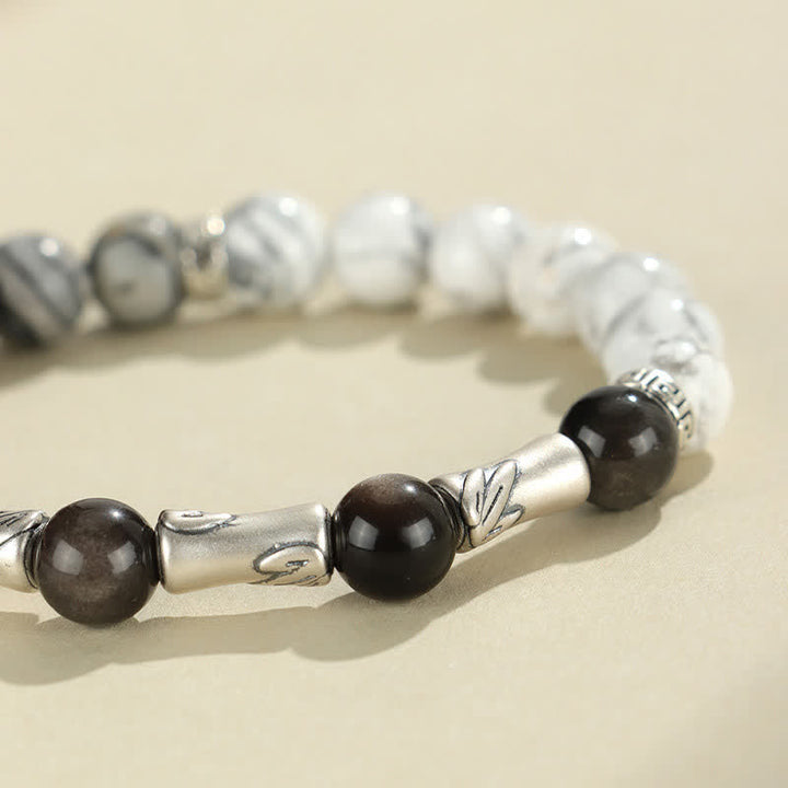 Buddha Stones Pulsera redonda de bambú con turquesa blanca y brillo plateado, de plata de ley 999 y obsidiana. - image 9