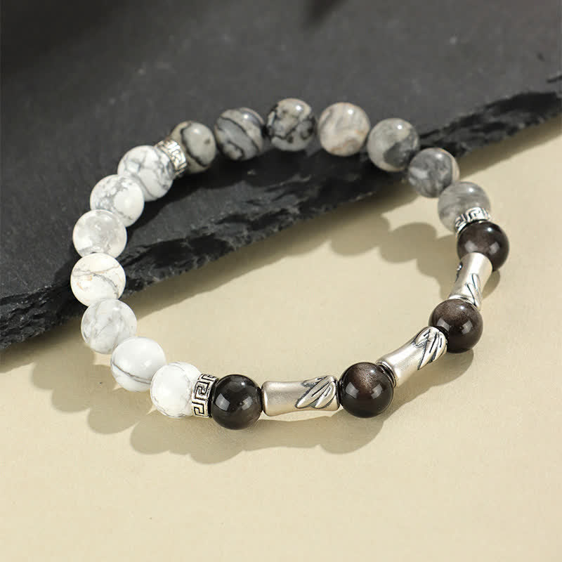 Buddha Stones Pulsera redonda de bambú con turquesa blanca y brillo plateado, de plata de ley 999 y obsidiana. - image 3