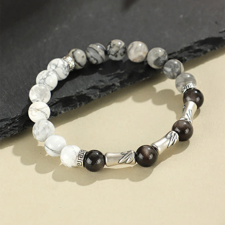 Buddha Stones Pulsera redonda de bambú con turquesa blanca y brillo plateado, de plata de ley 999 y obsidiana. - image 3