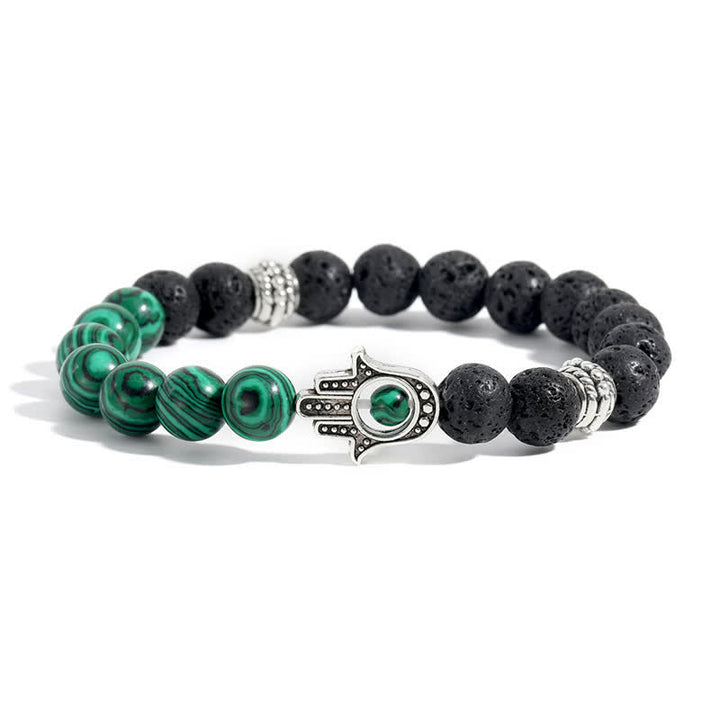 Buddha Stones Pulsera redonda artesanal de protección con diseño de palma de Hamsa y roca de lava - Ágata pavo real y roca volcánica - image 2